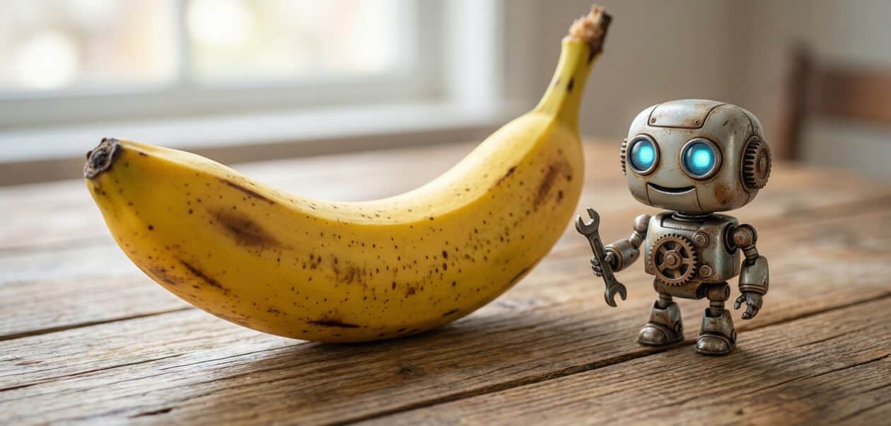 A large ripe banana beside a small cute robot on a wooden table, generated using Google Nano Banana AI.