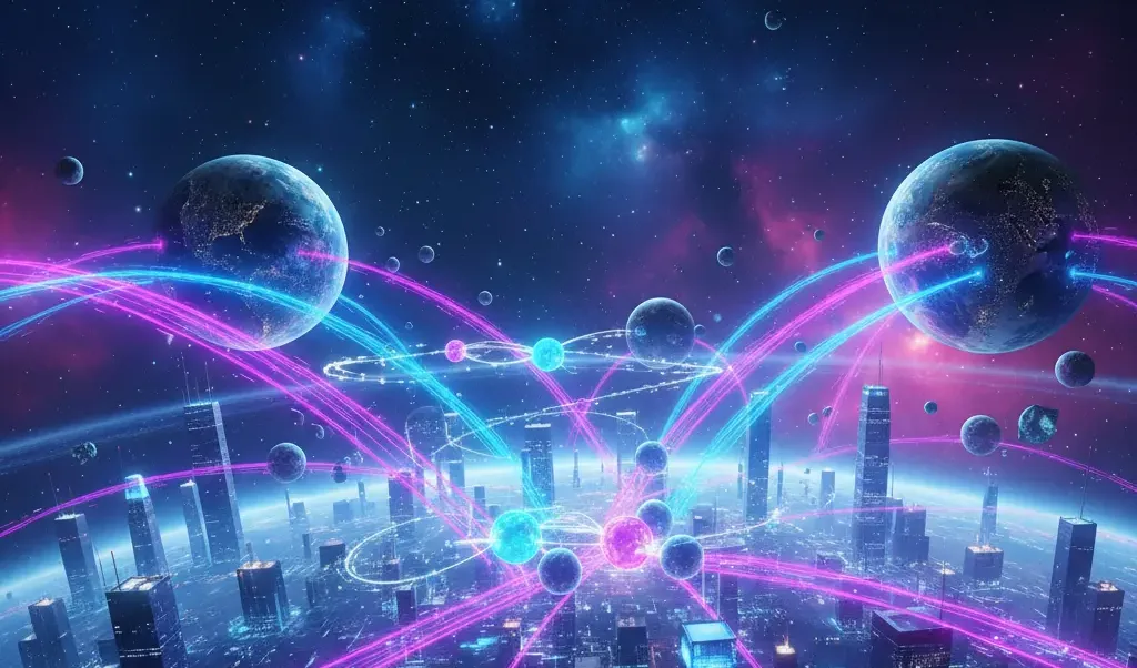 A futuristic digital illustration showing quantum communication networks with glowing entangled particle pathways connecting global and space-based nodes over a cityscape.