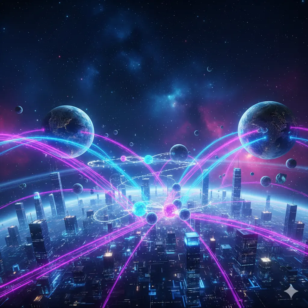A futuristic digital illustration showing quantum communication networks with glowing entangled particle pathways connecting global and space-based nodes over a cityscape.